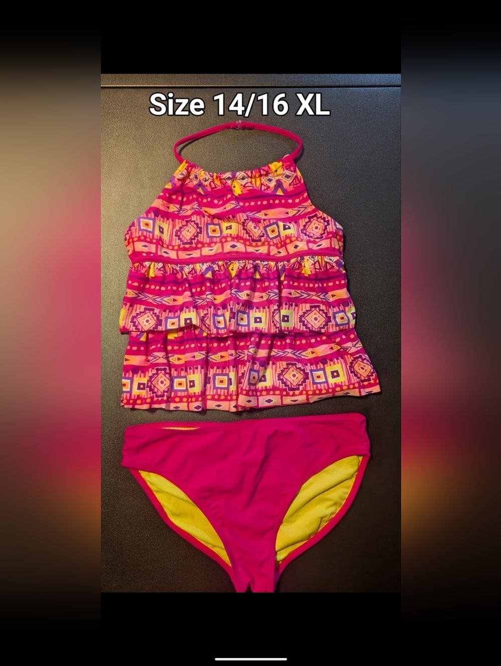 Girls' Pink Aztec Ruffle Tankini Bikini - Bright Pink & Yellow